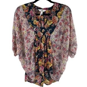 Black Poppy Pacsun V‎ Neck Dolman Sleeve Patchwork Print Peasant Blouse Sz M